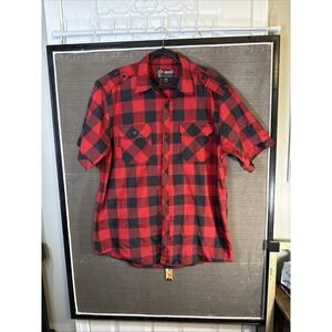 Blac Lacquer Shirt Men's 3XL Red Black Plaid Short Sleeve Pockets Shoulder Tabs